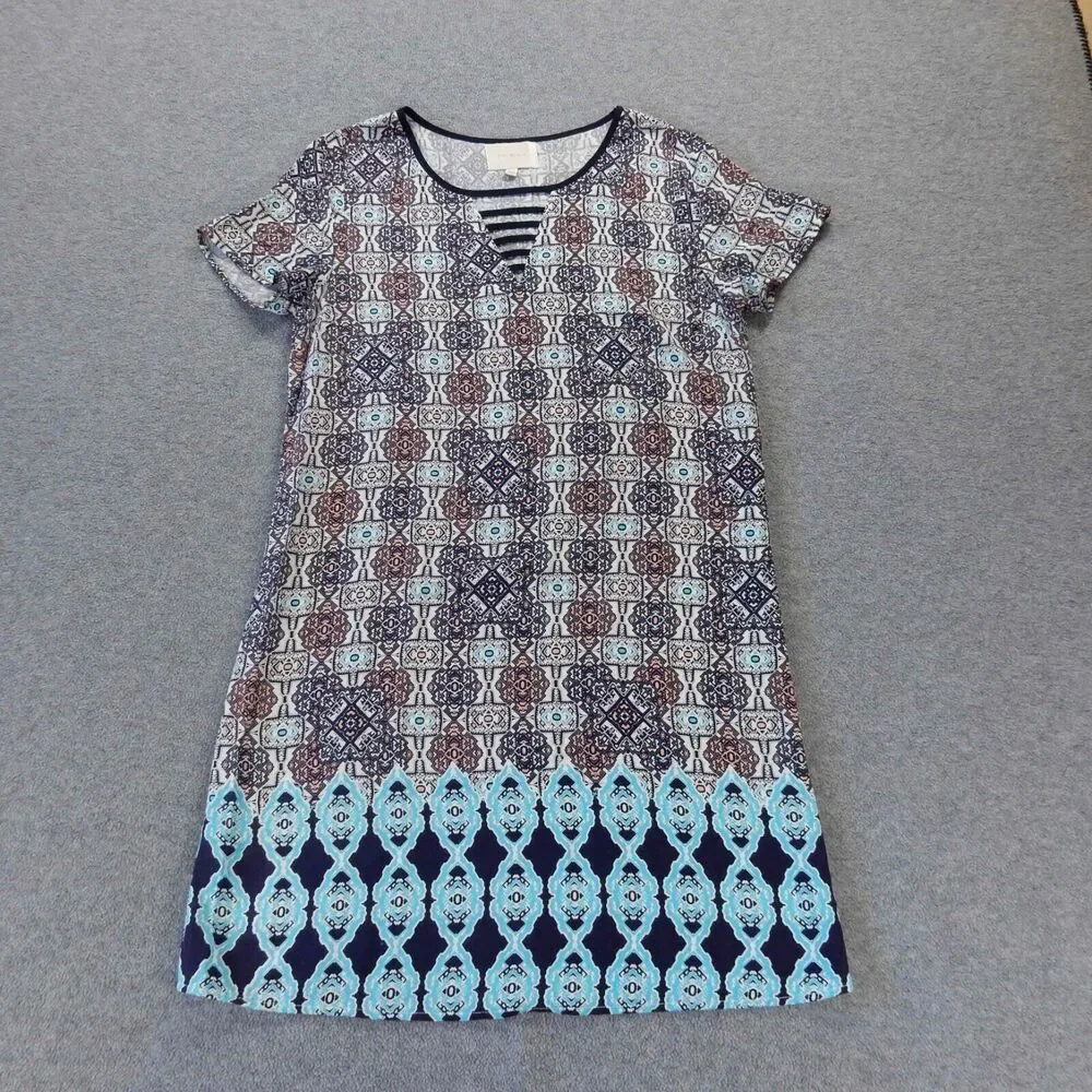 Skies Are Blue Dress Medium Colorful Aztec Print Boho Hippie VNeck Short Sleeve - Picture 1 of 9